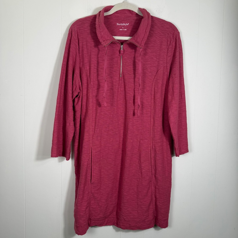 NorthStyle Cotton Slub 1/4 Zip Tunic Dress Pink Pockets Size Large Lagenlook